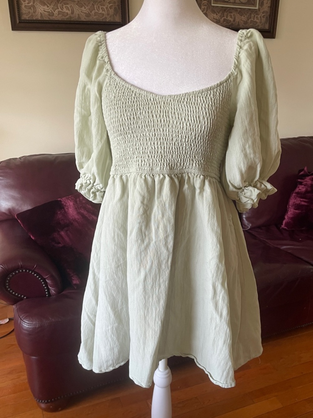 Mittoshop Light Sage Green Smocked Puff Sleeve Mini Dress Cottagecore Small - Picture 2 of 7
